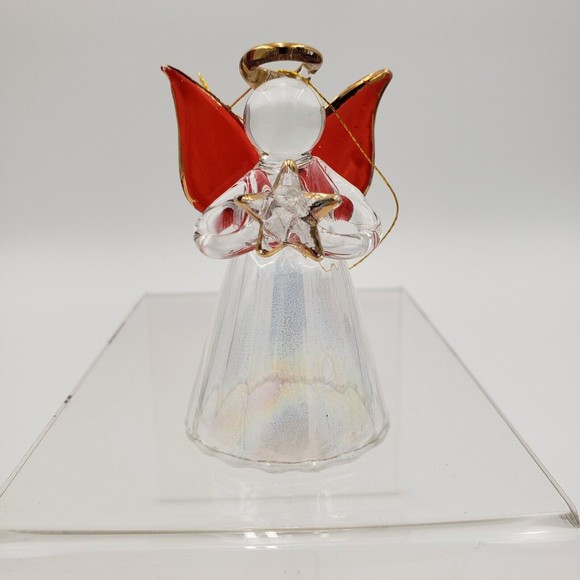 Vintage Glass Angel Ornament Clear Iridescent Body Red & Gold Wings 2.5" - Picture 6 of 12